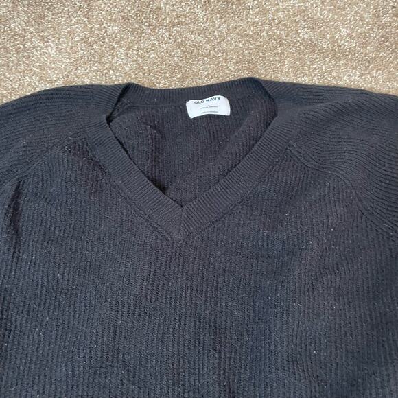 Old Navy sweater chunky knit ribbed black V- neck cotton blend staple piece SZ L - Picture 3 of 7